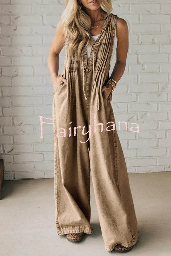 Fashionable and Casual Sleeveless V-neck Lace-up Loose Pocket Jumpsuit