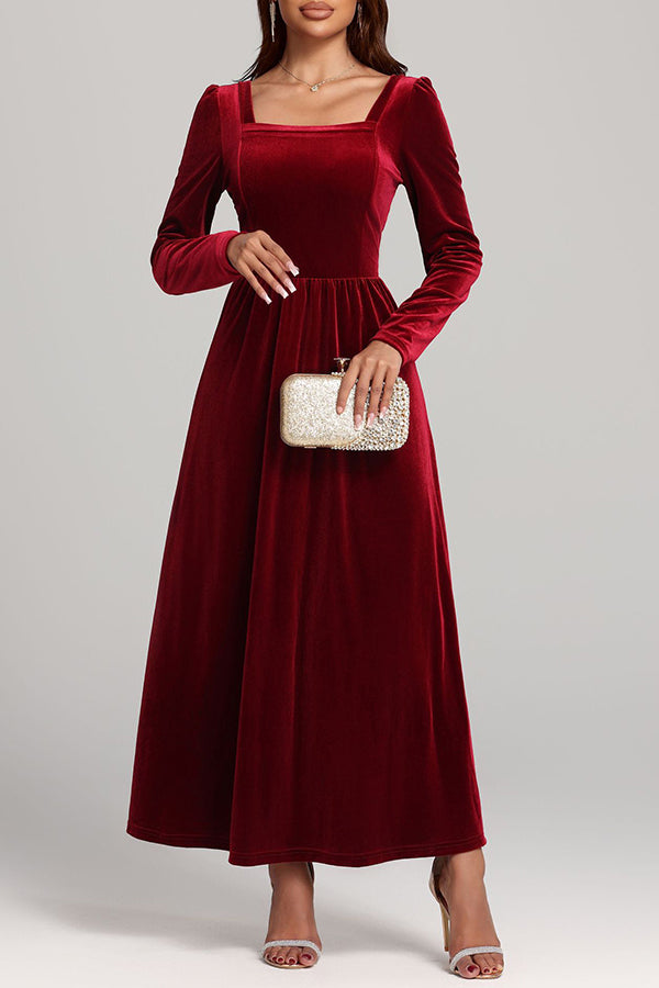 Solid Color Velvet Square Neck Long Sleeve Elegant Maxi Dress