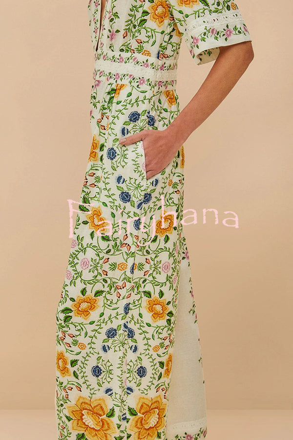 Natural Charm Linen Blend Floral  Print Short Sleeve Pocketed Wide Leg Jumpsuit