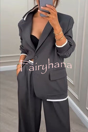 Fashion Sports Style Ribbed Colorblock Lapel Blazer and Elastic Waist Pocket Loose Pants Set