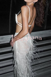 Braylie Sheer Tulle Tiered Feather Trim High Rise Wide Leg Pants