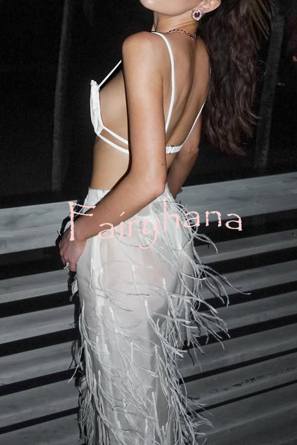 Braylie Sheer Tulle Tiered Feather Trim High Rise Wide Leg Pants
