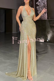 Edeita Sequin Pleated Design Deep Halter U-neck Slit Drape Gown Maxi Dress
