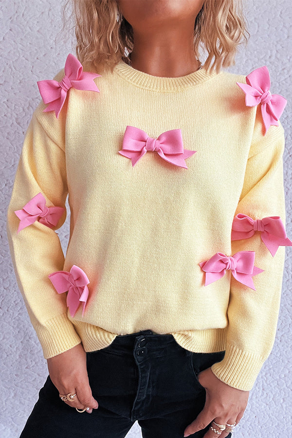 Sweet Bow-knot Casual Round Neck Long-sleeved Knit Sweater