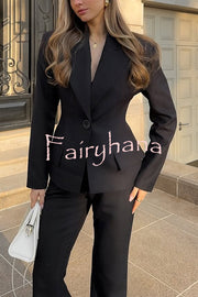 Solid Color Long-sleeved Single-button Blazer and Pocket Casual Flared Pants Set