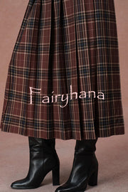 Yehudit Plaid Belt Buckle Design High Rise Pocket Midi Umbrella Skirt