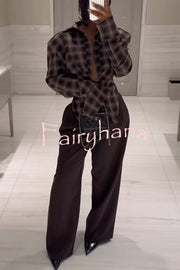 Vintage Plaid Shoulder Pad Buttons Long Sleeve Angled Hem Shirt