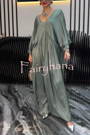 Satin Solid Color V-neck Lotus Leaf Sleeve Loose Pleated Maxi Dress