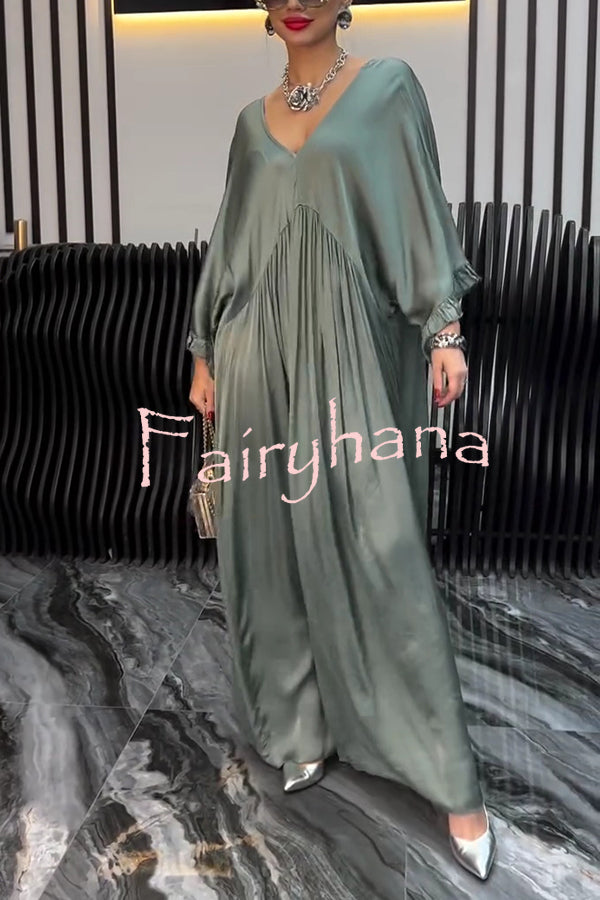 Satin Solid Color V-neck Lotus Leaf Sleeve Loose Pleated Maxi Dress