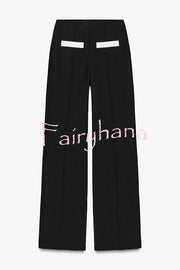 Fashion Contrast Color Stretch High Waist Casual Straight Pants