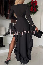 Toast To Midnight Solid Color High Rise Irregular Ruffled High Low Maxi Skirt