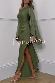 Zayla Satin Asymmetrical One Shoulder Bell Sleeve Slit Maxi Dress
