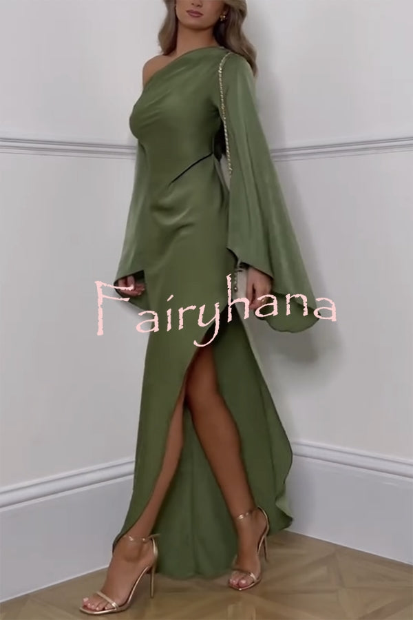 Zayla Satin Asymmetrical One Shoulder Bell Sleeve Slit Maxi Dress