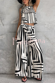 Striped Printed Sleeveless Casual Top and Elastic Waist Loose Pocket Wide-leg Pants Set