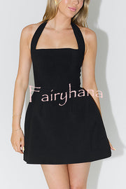 Solid Color Halter Neck Sexy Sleeveless Backless Mini Dress