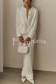 Solid Color Long-sleeved Button-pocket Knitted Jacket and Elegant Long Skirt Set