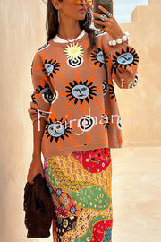 Mediterranean Art Knit Unique Sun Vortex Print Long Sleeve Relaxed Sweater