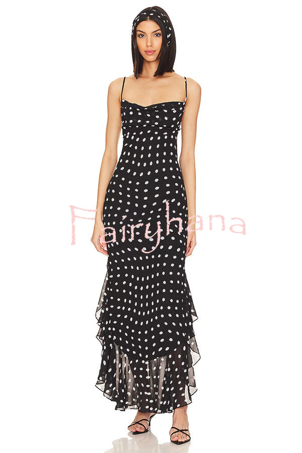 Kaylee Chiffon Polka Dot Ruffled Tiered Hem Scarf Maxi Dress