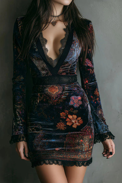Elegant Velvet Floral Print V-neck Long-sleeved Slim-fit Mini Dress
