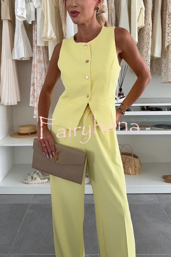 Workplace Chic Sleeveless Button Vest and Relaxed Pocket Wide Leg Pants Set