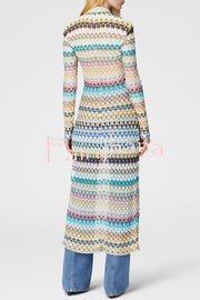 Anna Knit Colorful Herringbone Print Shirt Neck Button Long Sleeve Slim-fit Long Cardigan