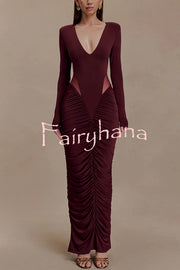 Sexy See-through Long-sleeved V-neck Pleated Slim-fit Maxi Dress