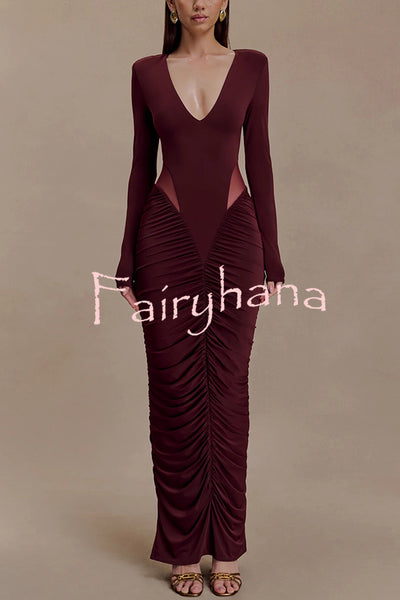 Sexy See-through Long-sleeved V-neck Pleated Slim-fit Maxi Dress