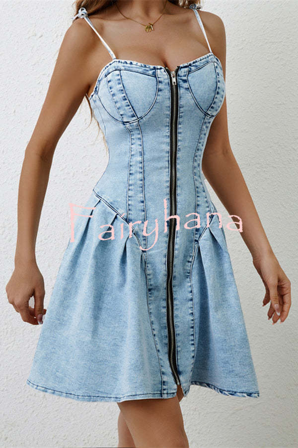 Fashionable Patchwork Suspender Zipper Slim Denim Mini Dress