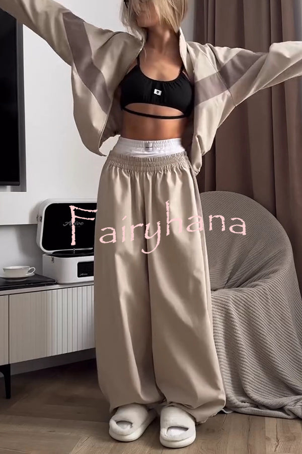 Fashionable Contrasting Long-sleeved Loose Coat and Elastic Waist Wide-leg Pants Set