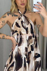 Leopard Print Sexy Halter Neck Backless Loose Maxi Dress