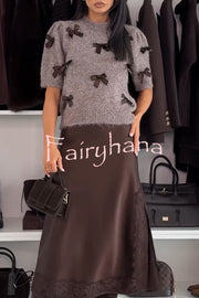 Jensin Knit Satin Bow Detail Short Sleeve Crop Sweater