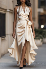 Solid Color Elegant V-neck Waist Irregular Ruffle Maxi Dress