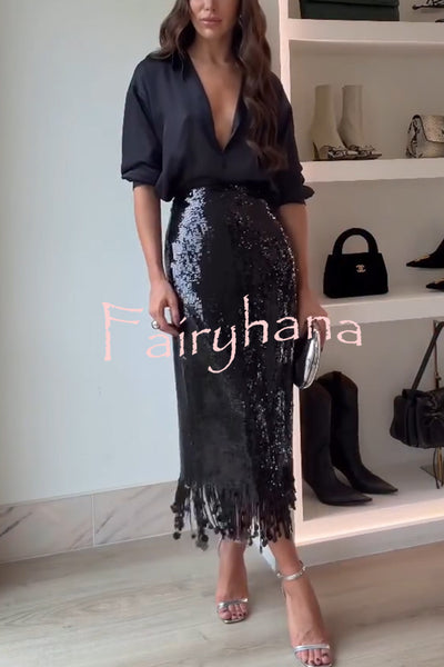 City Queen Sequin Tassel Round Pieces High Rise Back Zipper Midi Skirt