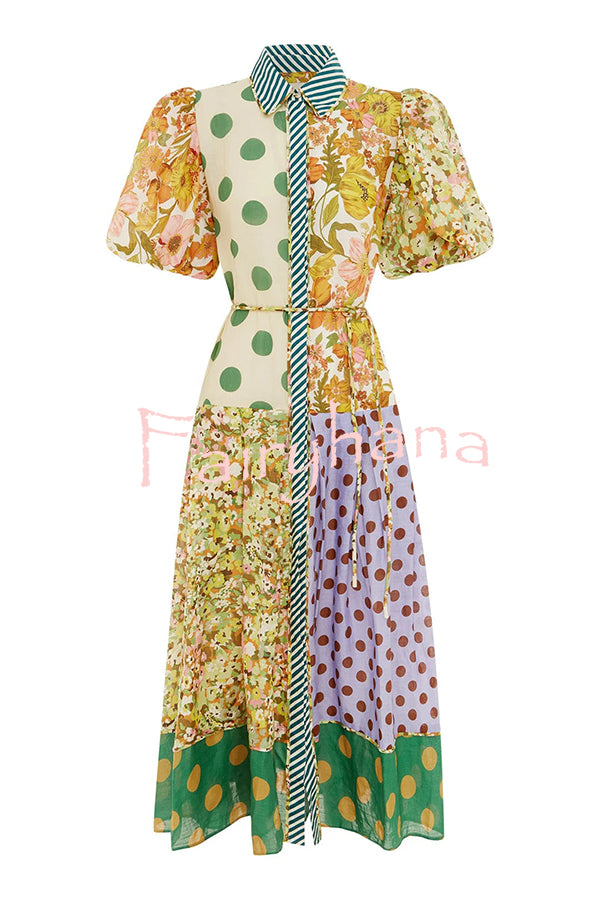Linen Blend Unique Print Lapel Puff Sleeve Casual Midi Dress
