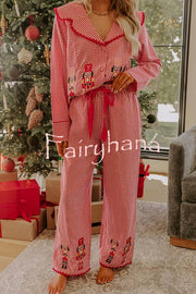 Nutcracker Charm Embroidered Gingham Loose Shirt and Elastic Waist Pajama Set