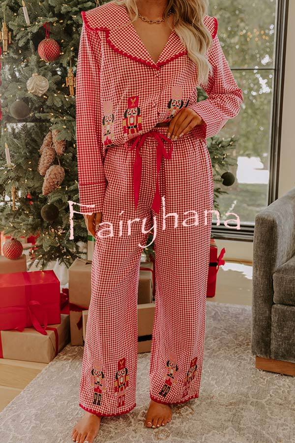 Nutcracker Charm Embroidered Gingham Loose Shirt and Elastic Waist Pajama Set