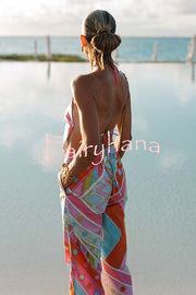 Kathy Unique Print Halter Scarf Tank and Elastic Waist Pocket Loose Pants Set