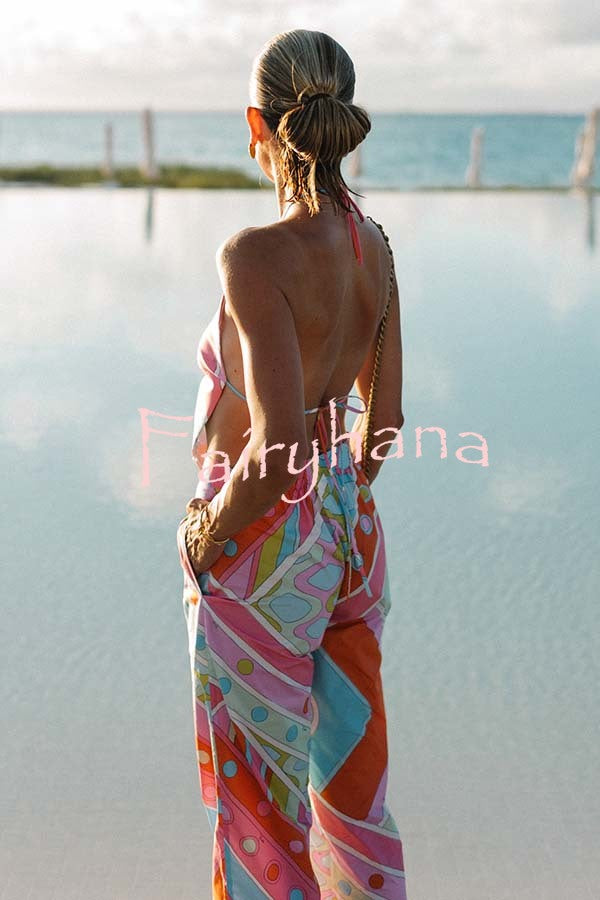 Kathy Unique Print Halter Scarf Tank and Elastic Waist Pocket Loose Pants Set