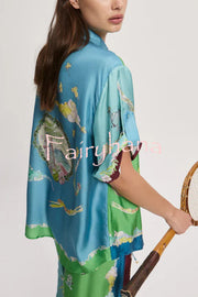Unique Printed Lapel Short-sleeved Loose Shirt and Elastic Waist Tie Wide-leg Pants Set