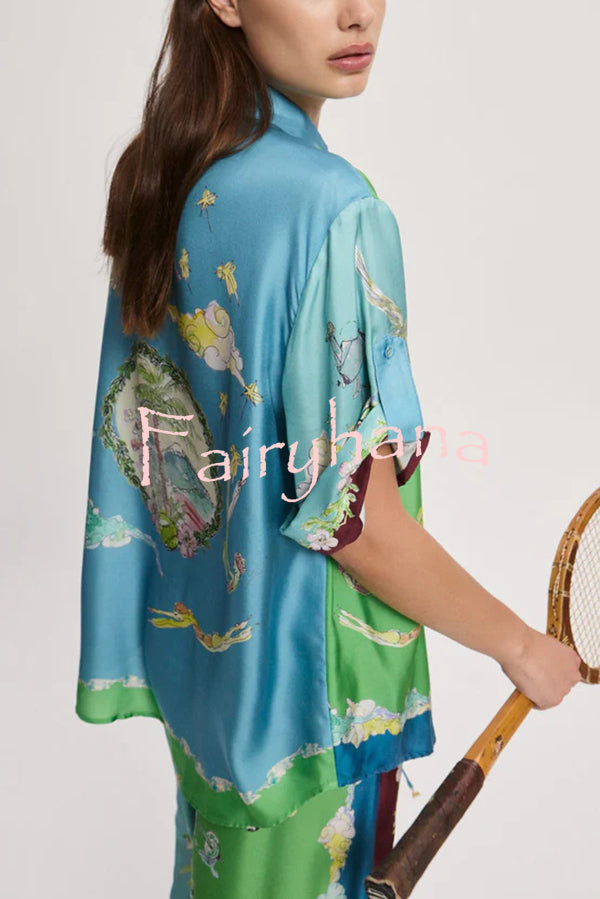 Unique Printed Lapel Short-sleeved Loose Shirt and Elastic Waist Tie Wide-leg Pants Set