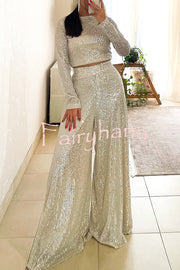 Fashionable Shiny Sequined Long-Sleeved Cropped Top and Casual Wide-Leg Pants Set