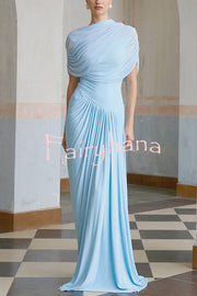 Elegant Mesh Cape-style Pleated Draped Maxi Dress