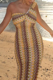 Colorful Zigzag Pattern Lace One-shoulder Slim Vacation Midi Dress