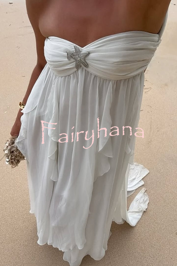 Resort Style Romantic Ruffles Open Back Stars Decorated Beach Maxi Dress