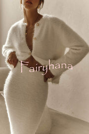 Solid Color Long-sleeved Button-pocket Knitted Jacket and Elegant Long Skirt Set