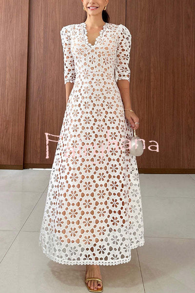 Best Day Ever Crochet Floral Lace Puff Sleeve Lined Maxi Dress