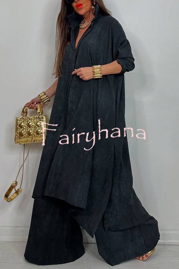 Solid Color Casual Loose Long Shirt and Elastic Waist Pocket Wide Leg Pants Set
