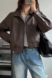 Fashion Lapel Long Sleeve Casual Pocket Short Leather Jacket