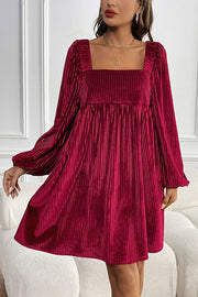 Solid Color Velvet Square Neck Long Sleeve Pocket Casual Mini Dress