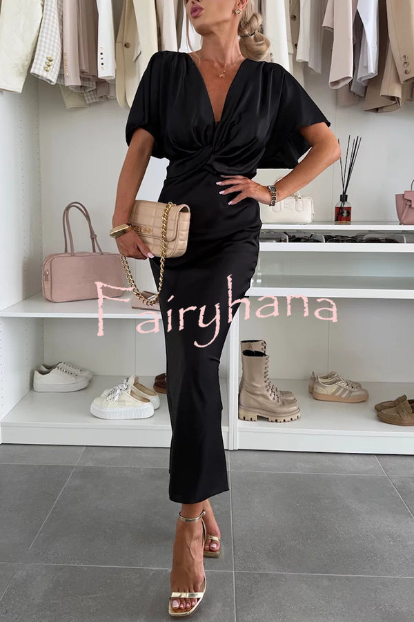 Satin Solid Color V-neck Cross Knot Slim Maxi Dress